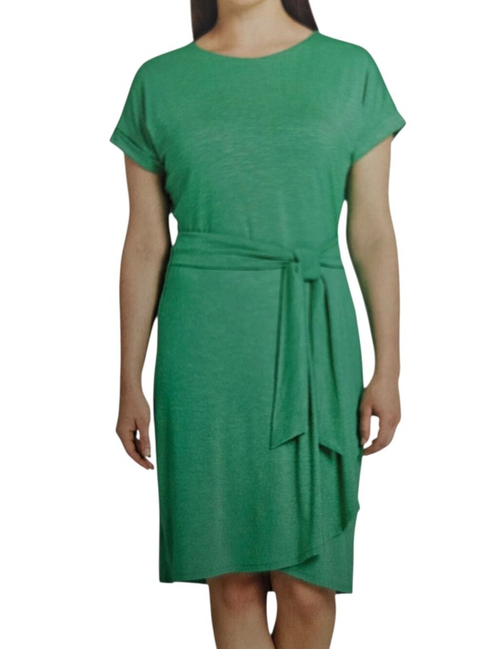 Chaps New Crewneck Knit Tie Waist Stretch Short Sleeve Green Midi Dress Size L